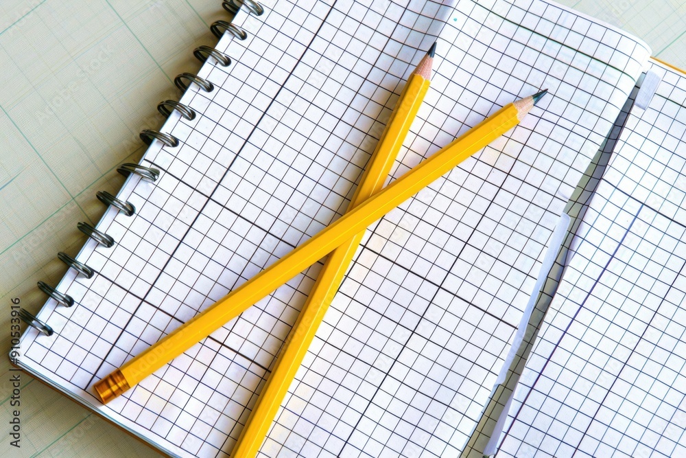 Poster two yellow pencils placed on top of an open notebook, ready for writing or drawing