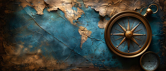 Antique Compass on Vintage World Map Background   Nautical Exploration and Travel Concept, Antique Compass on Vintage World Map Background   Nautical Explo