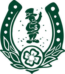 Beautiful green art with silhouettes of horseshoe and joyful leprechaun with pot on white background