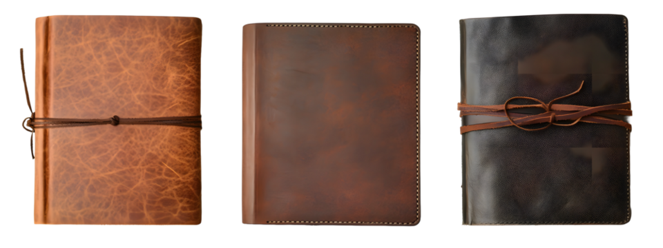 Set of brown leather book covers with ropes, isolated on transparent background