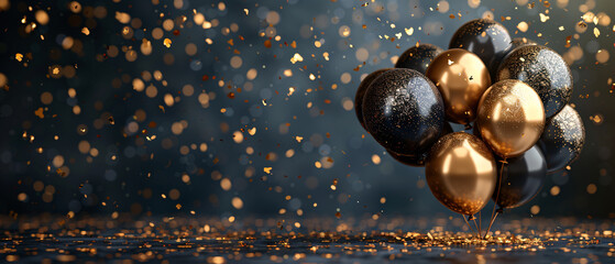 Fototapeta premium Black and Gold Balloons with Confetti Celebration Background