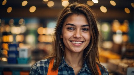 Obraz premium Young Woman Smiling While Working in a Local Market During Daytime Hours