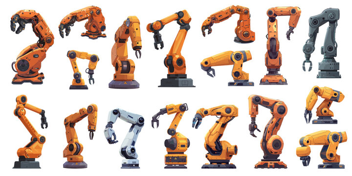 Cartoon robotic arm set. Industrial electronic robot hand manipulator, manufacturing automation conveyor vector illustration