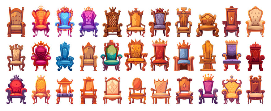 Cartoon royal throne set. Wooden and soft king queen princess seat, emperor gold armchair, rich antique chair vector illustration