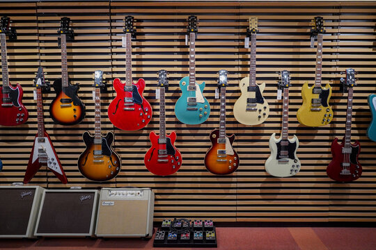 Paris France 07 07 2024 : famous electric guitars brand on display