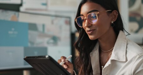 Inspiration, graphic designer and Indian woman on tablet with pen at creative startup for thinking. Digital technology, art or idea of professional illustrator working on project or drawing in office - Powered by Adobe