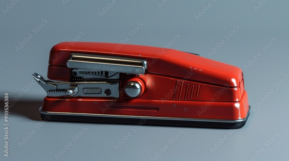 Poster a bright red stapler sits on a table, ready for use