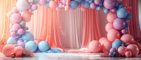 Pink and Blue Balloon Arch with Draped Fabric Backdrop for Birthday Party Decorations, Pink and Blue Balloon Arch with Draped Fabric Backdrop for Birth