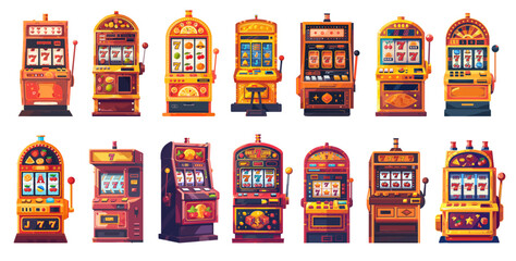 Cartoon slot machine set. Gambling vegas casino game, jackpot prize luck machine vector illustration