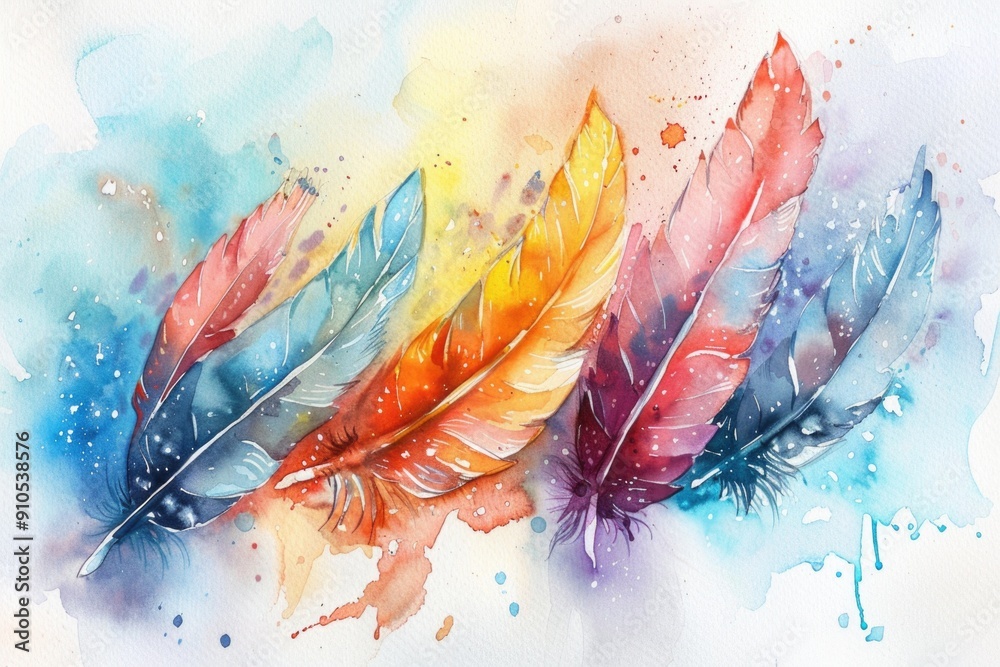 Poster a watercolor painting of three colorful feathers with intricate details and soft colors