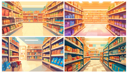 Cartoon supermarket aisle set. Grocery store interior with products on shelves, colorful food packages bottles, shop vector illustration