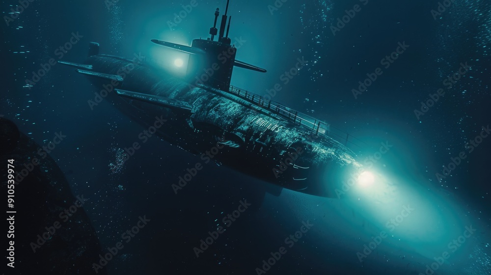 Poster submarine submerged in water with a light source, ideal for use in illustrations about marine life o