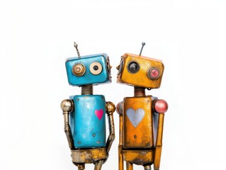 Two vintage robots with heart symbols displaying affection and love, embodying retro charm and companionship