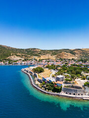 Eski Foca aerial drone view, a popular resort on the Aegean coast in Izmir, Turkey
