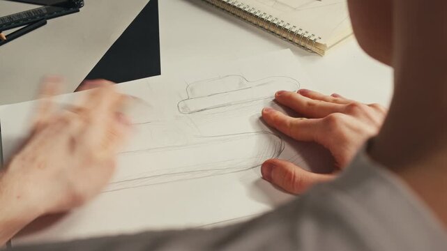 Young man artist is drawing chair, sofa by pencil on white paper . The designer making sketches for the projection of the furniture close-up. Drawing and sketching lessons
