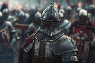 A large group of medieval warriors dressed in armor, ready for battle