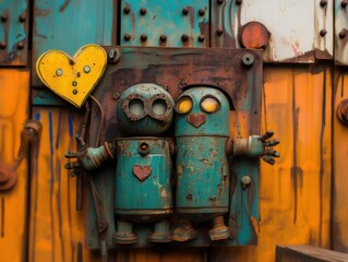 Rusty robots holding yellow heart in vibrant urban setting symbolizing love, companionship, vintage charm