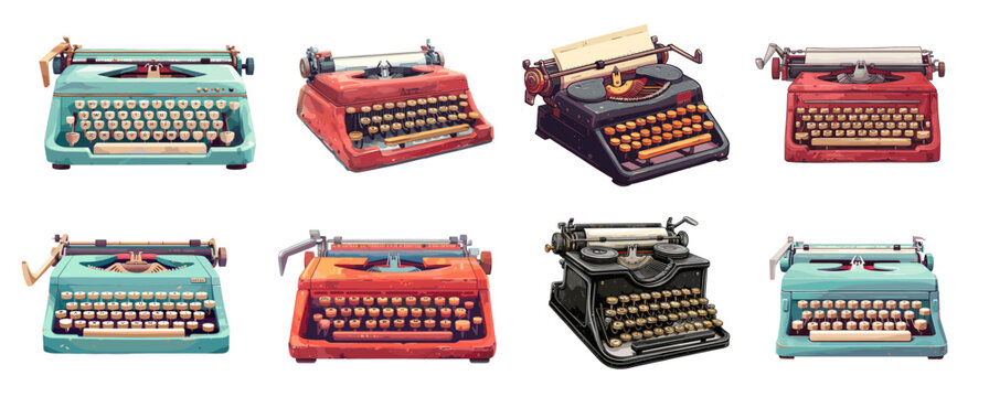 Cartoon typewriter set. Retro keyboard machine, old vintage journalist equipment, message print writer vector illustration