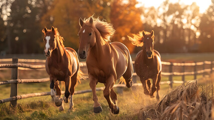 Three Horses Running Through a Field in the Golden Hour Photo