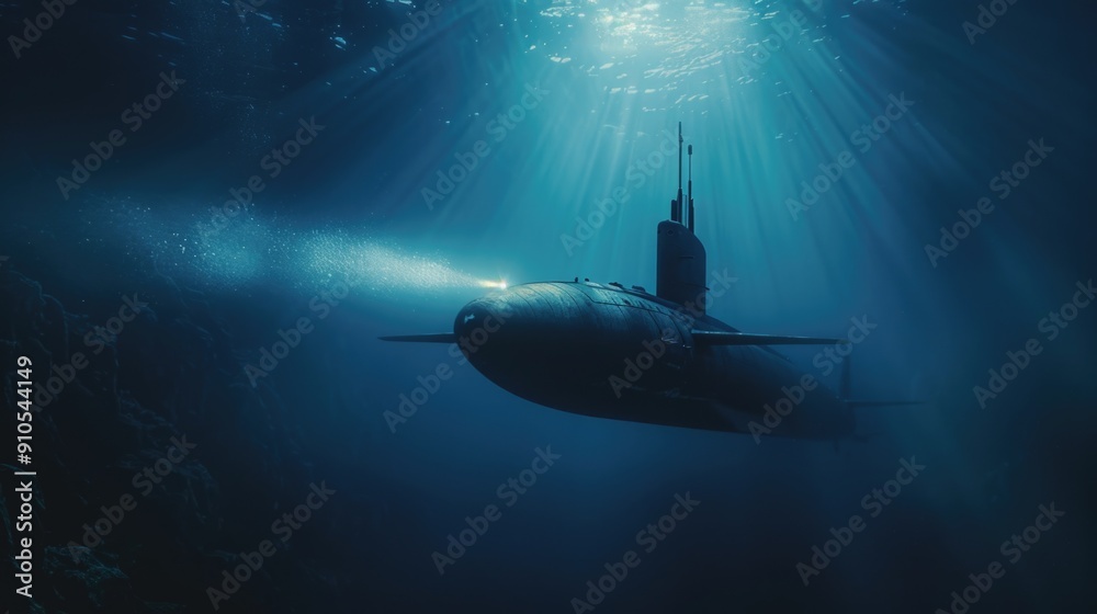 Poster a submarine floats on the surface of the ocean with bright sunlight reflecting off its hull