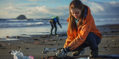 volunteer cleaning up litter from a beach as part of a coastal conservation effort 