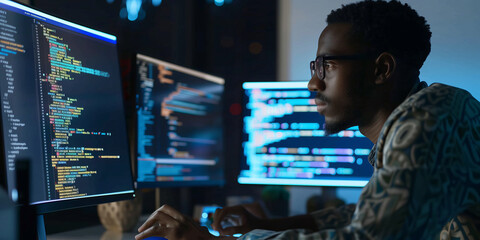 Software developer illuminated by the glow of multiple monitors, deep in focus, with lines of code reflected in their glasses.