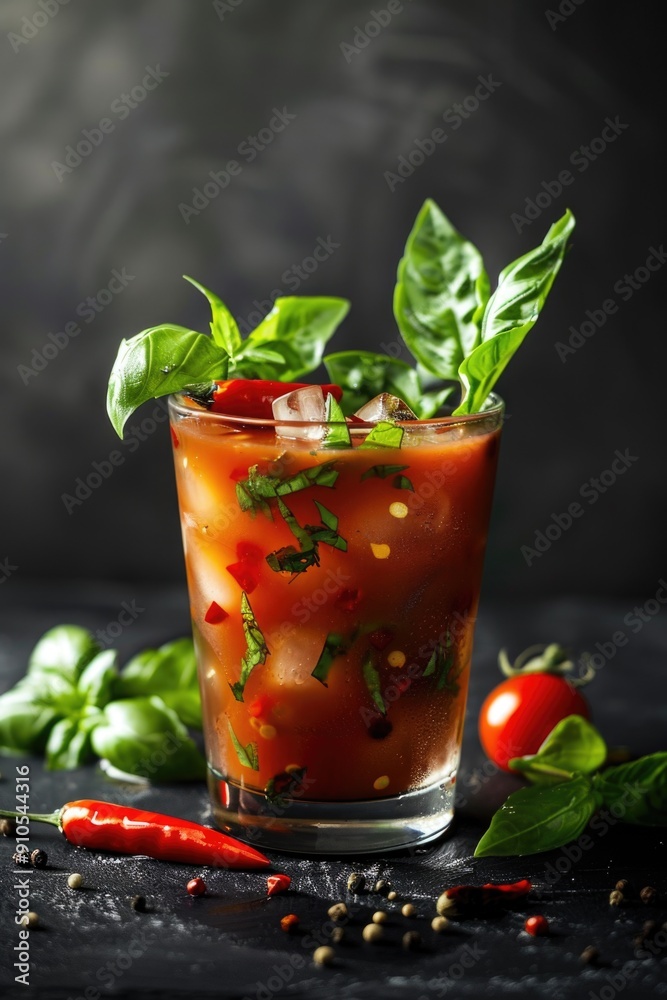 Poster a glass filled with a refreshing drink and topped with fresh basil leaves