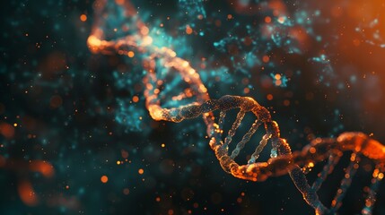 DNA double helix with glowing particles on dark background, turquoise and orange color scheme, highly detailed