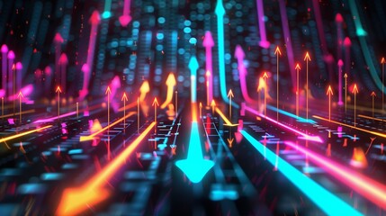 Futuristic abstract background with bright neon-colored data arrows representing growth, highly suitable for wallpaper or striking abstract visualization