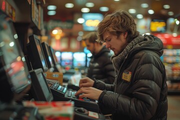 An individual operating a cashier register in a bustling retail environment, demonstrating the modern transactional process with a focus on efficiency and customer service.