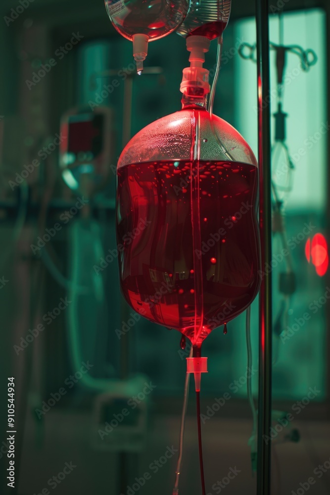 Poster a glass container filled with red liquid standing on a surface