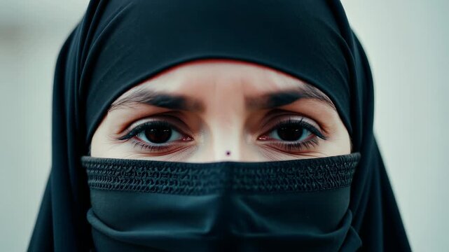 Face of young woman wearing niqab expressing sadness and unhappiness, with furrowed forehead and sorrowful expression.
Concept: religious feelings, Islamic culture