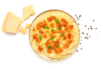 Plate of tasty Italian pasta with Parmesan cheese on white background