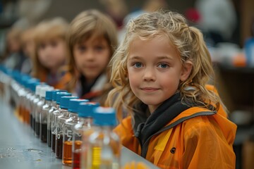 A group of young children attentively engages with various glass bottles filled with colorful liquids, during a science experiment at an educational event, sparking curiosity.