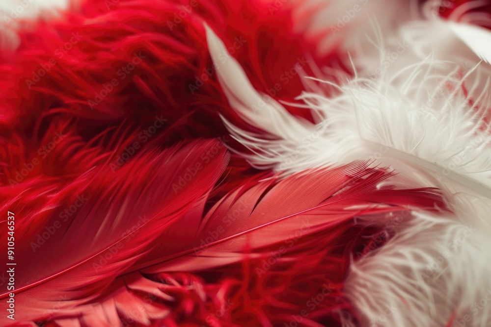 Poster a close-up shot of a vibrant red and white feather, ideal for use in designs related to birds, wildl