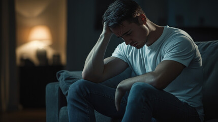 A Caucasian man sitting on a couch with his head resting on his hand, looking down, portraying emotional distress and the importance of supporting men's mental health.
