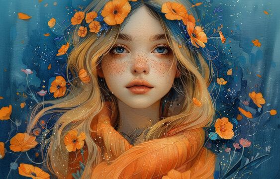 Youthful dreamer surrounded by vibrant flowers and stars. Generative AI image