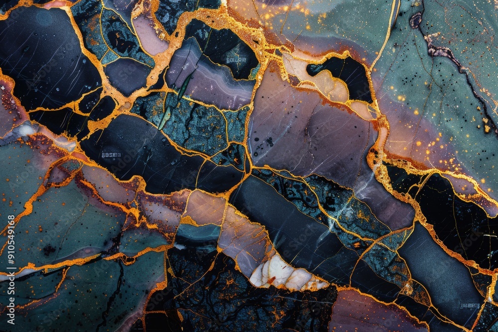 Aufkleber Close-up view of a polished marble surface with intricate patterns and veins