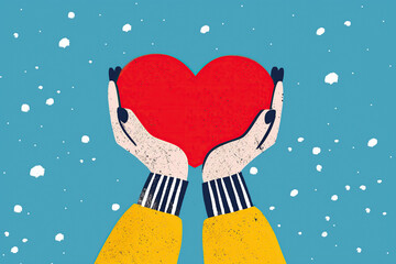 Hands Holding Red Heart Against Blue Sky With White Snowflakes. Generative AI