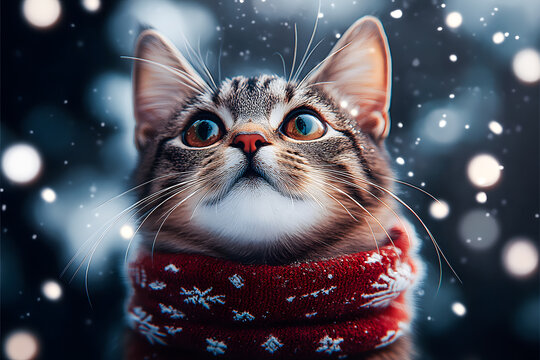 Chat mignon portant une &eacute;charpe sous la neige