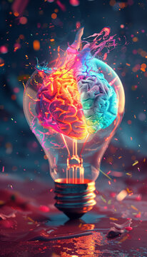 Generative AI illustration. A colorful light bulb with brain explosion inside