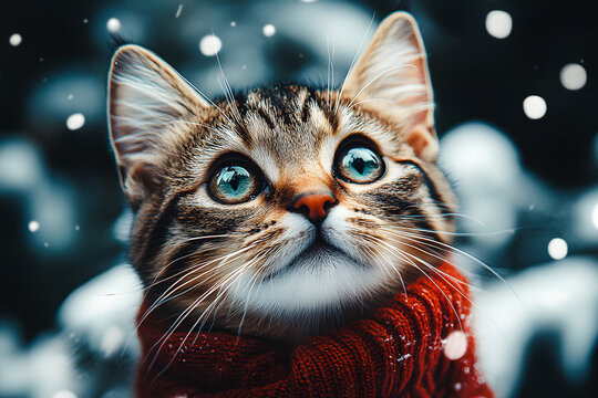 Chat mignon portant une &eacute;charpe sous la neige