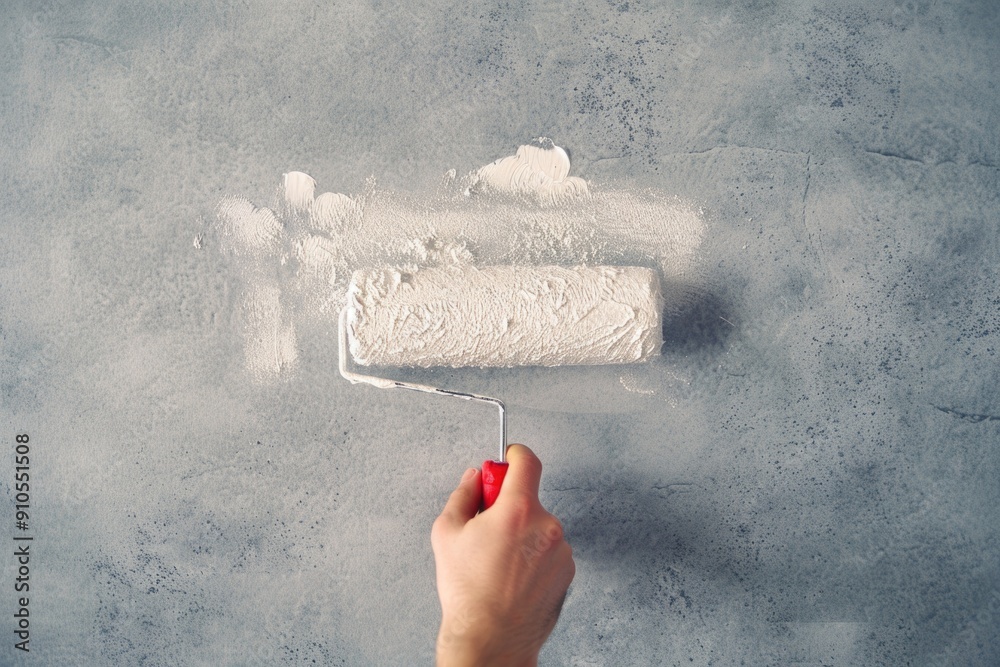 Poster person using a roller to paint a wall, straightforward and informative