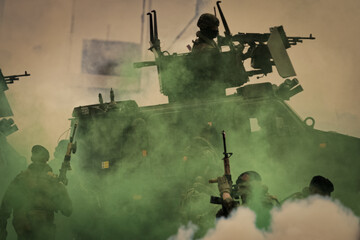 Military intervention with smoke and vehicle