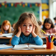 Niña con TDAH o Trastorno por Déficit de Atención e Hiperactividad en la escuela. Se ve con la mirada perdida, frustrada con dificultades en el aprendizaje. 