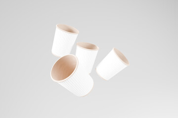 Aromatic coffee in an aerial takeaway paper cup on a white background. 3D rendering to showcase the product