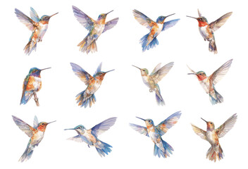 Obraz premium Watercolor hummingbird set. Flying exotic tropical blue bird, cute little colorful feather animal vector illustration