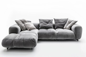 Modern L shape sofa with chaise in light grey fabric on the white backgorund