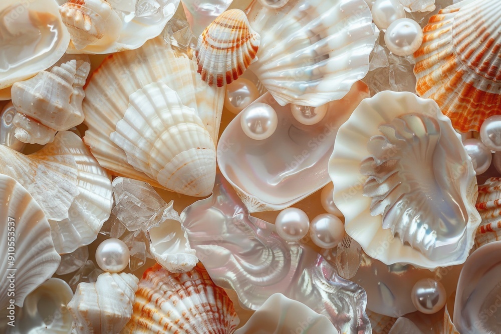 Poster A detailed view of shells and pearls arranged on a table