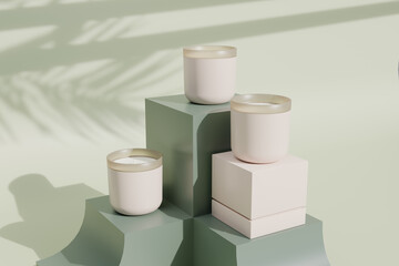 Three pink scented candles with a box on a dark green pedestal with a light green background. Neatly arranged to show off the product
